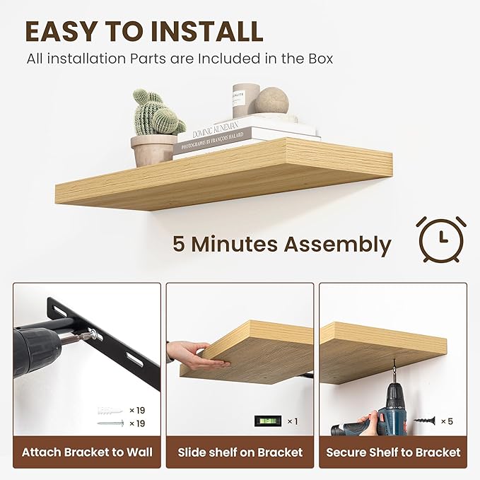 36 Inch Floating Shelves, 12 Inch Deep Floating Shelves for Wall, Floating Shelf with Invisible Brackets, Deep Shelves for Bathroom, Bedroom, Living Room, 2 Pack, Natural