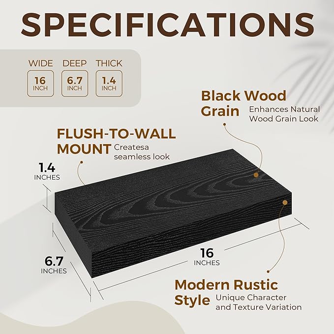 Dreamland 16 Inch Long Floating Shelves in Black,6.7 Inch Deep Floating Shelf for Wall,Large Display & Storage Shelf, Wall Shelf for Bathroom Bedroom Living Room Kitchen Office，Set of 2