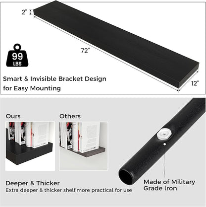 Floating Shelves for Wall, 72 Inch Wide x 12 Inch Deep Floating Shelves, Long Wood Floating Wall Shelf Shelves for Living Room Bathroom Bedroom Kitchen Home - (Black, 72" W x 12" D x 2" H)
