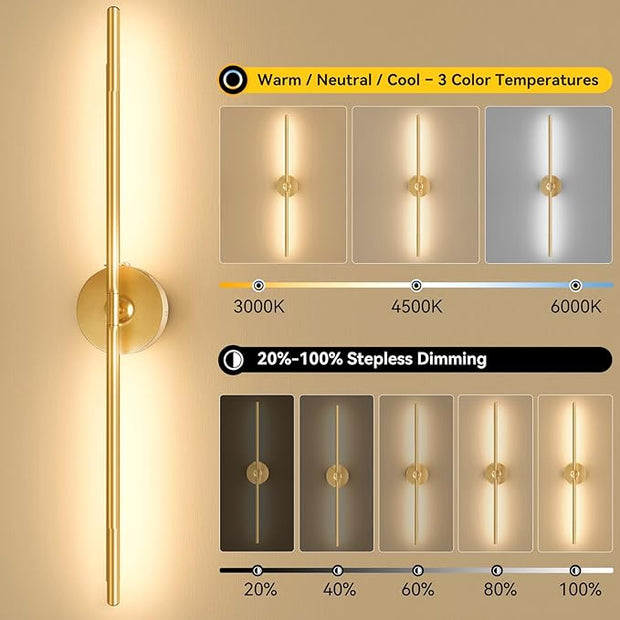 Ouyulong Battery Operated Wall Sconces Set of 2, 8000mAh Wireless Rechargeable 3000-6000K Dimmable 350° Rotate Wall Light with Remote for Living Room, Bedroom 31.6in Gold