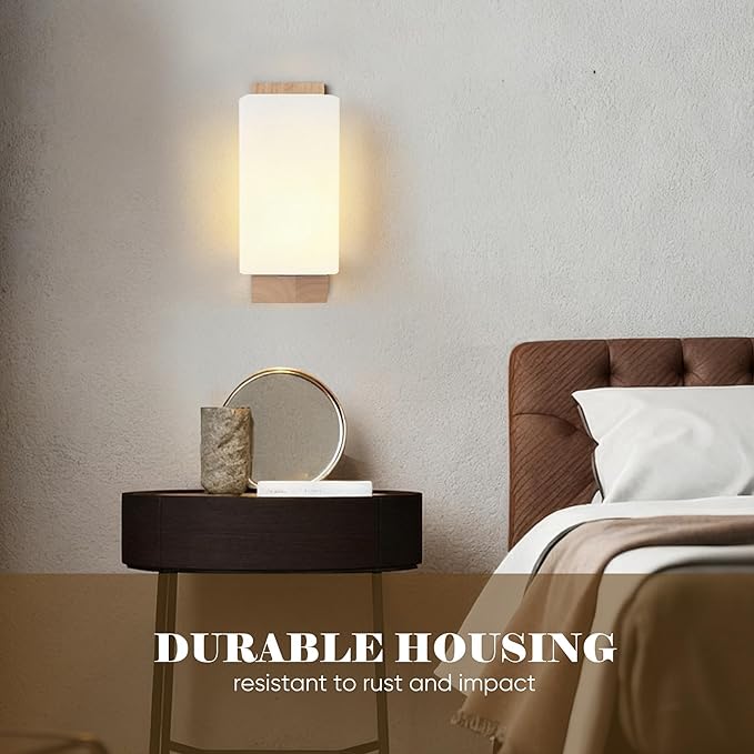 Modern Farmhouse Wall sconces 2-Piece Set Small Wood sconces White Frosted Textured Glass Wall Light Indoor Farmhouse Wall lamp for Bedroom Living Room and Hallway with E26 Base
