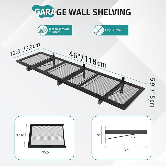 2 Pack Garage Wall Shelving, 46'' x 12.6'' Garage Shelf Wall Mounted, Heavy Duty Storage Shelves 360 LBS Capacity, Floating Storage Rack with 8 Hooks, Metal Shelf Organizer for Basement, Workshop