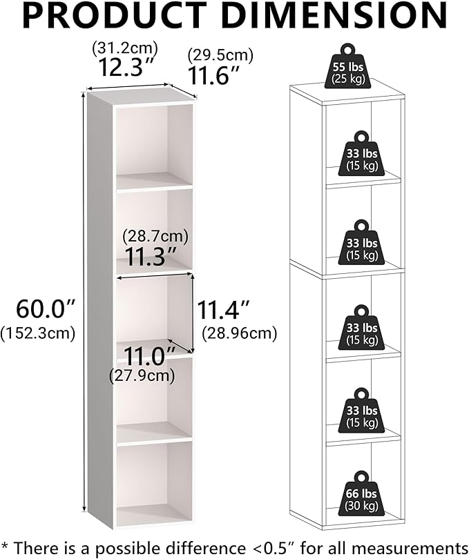5 Cube Storage Organizer, 5 Tier Cube Low Bookcase Freestanding Storage Display Organizer, Five-Cubes Open Shelf Bookshelf for Home Office White, 5-Cube