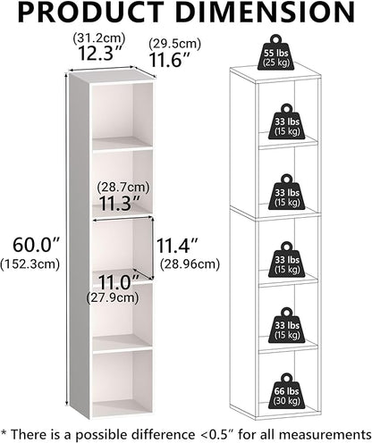5 Cube Storage Organizer, 5 Tier Cube Low Bookcase Freestanding Storage Display Organizer, Five-Cubes Open Shelf Bookshelf for Home Office White, 5-Cube