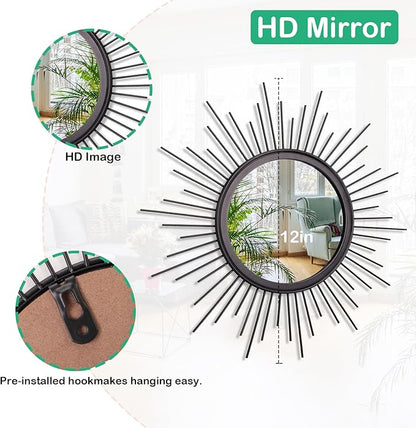 3 Pack Black Metal Wall Mirrors Sunburst Wall Mirrors Home Décor Art Decorative Modern Bohemian Hanging Wall Art for Bedroom Bathroom Living Room Entryway Small 12''