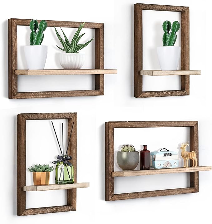 idee-home Floating Shelves for Wall, Rustic Square Hanging Floating Shelves Set of 4 Wood, Wall Decor Mounted Bathroom, Living Room, Kitchen Storage