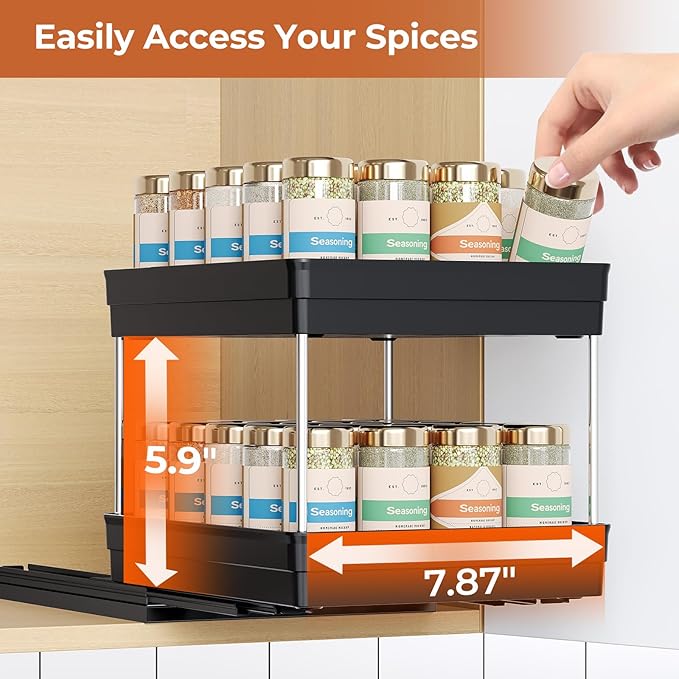 Pull Out Spice Rack Organizer for Cabinet, Slide Out Spice Racks Organizer, Easy to Install Spice Cabinet Organizers, 8.26''Wx10.62''Dx8.66''H, 2 Packs-2 Tiers (Black)