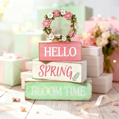 Spring Decoration Wooden Tiered Tray Decor – Rustic Hello Spring Bloom Time Stacked Block Sign with Floral Wreath Topper – Farmhouse Tabletop Spring Decor for Living Room Shelf Kitchen Coffee Bar Entryway Seasonal Home Display
