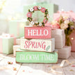Spring Decoration Wooden Tiered Tray Decor – Rustic Hello Spring Bloom Time Stacked Block Sign with Floral Wreath Topper – Farmhouse Tabletop Spring Decor for Living Room Shelf Kitchen Coffee Bar Entryway Seasonal Home Display