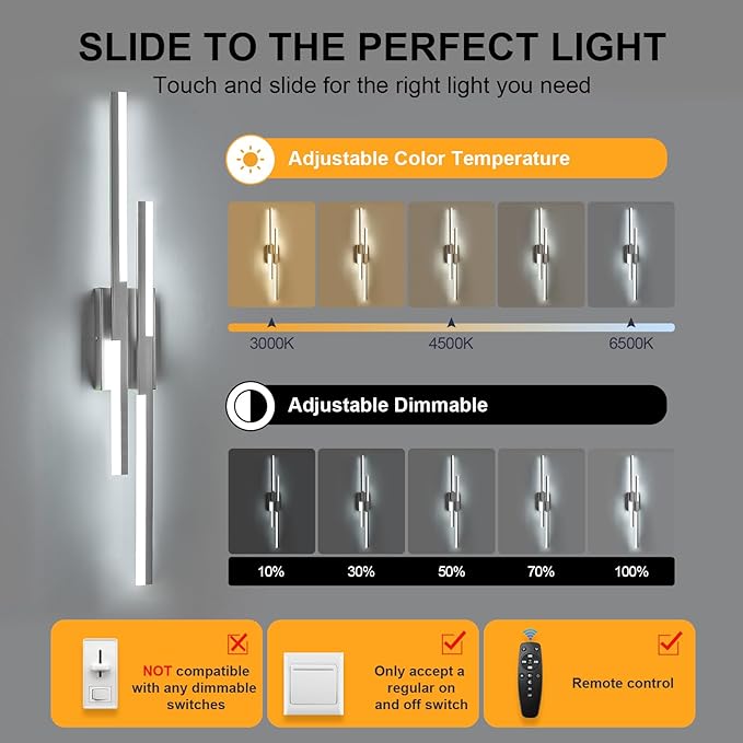 Modern LED Wall Sconce Silver Remote Wall Light Fixtures for Bathroom, Dimmable Vanity Light Indoor LED Remote Wall Sconce for Living Dining Room Bedside Bedroom(3000-6500K 35.4inch)