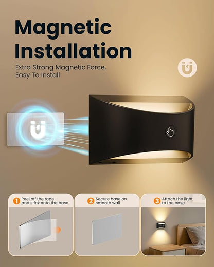 Brightown Magnetic Wall Sconces Set of Two, Rechargeable Battery Powered Wall Sconce with Remote Control, 3 Colors Wireless Up and Down Wall Mount Light for Hallway Bedroom Bedside Living Room (Black)