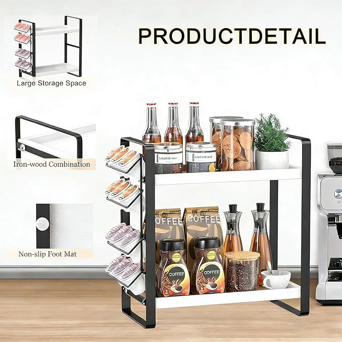 LEMIKKLE Coffee Station Organizer for Counter, Coffee Pods Holder Storage, Wooden Kitchen Counter Shelf, (WHITE)