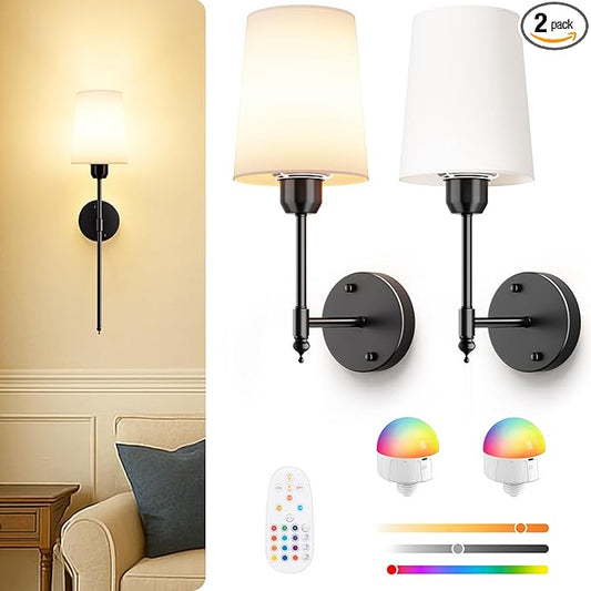Wall Sconces Set of 2 Battery Operated, Black Wall Lights with Rechargeable Magnetic Bulbs and Remote, Dimmable & 15 RGB Cordless Wall Lamps for Bedroom Living Room Hallway, 23 Inch