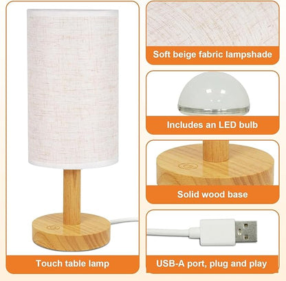 Touch Bedside Table Lamps Set of 2 - Stepless Dimming USB Powered, Minimalist Wood Base Linen Shade, 2700K Warm Night Light for Bedroom Nightstand Nursery Dorm Kitchen Small Spaces(5W LED 50K Hrs)