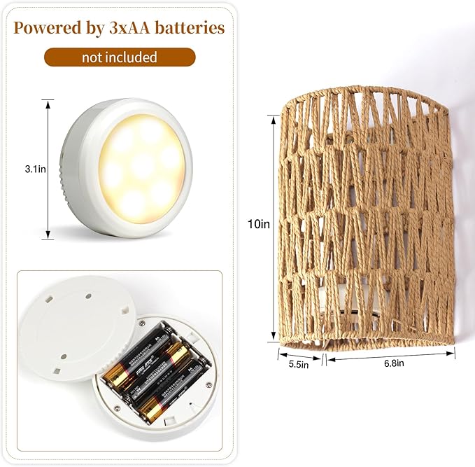Boho Wall Decor Battery Operated Wall Sconce Set of 2, 18 RGB Colors Wall Lights Changeable Dimmable Wireless Wall Sconces for Bedroom Living Room Hallway, Natural Hemp Rope Boho Decor