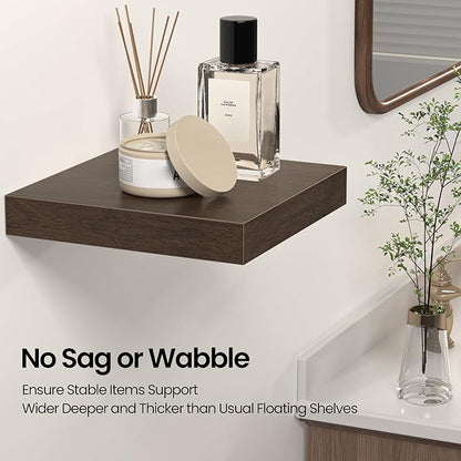 Square Floating Shelves for Wall, 7.5" W x 7.5" D x 1.4" H, Small Wooden Wall Mounted Display Shelf with Invisible Brackets for Living Room, Bathroom, Kitchen Decor, Set of 4, Walnut