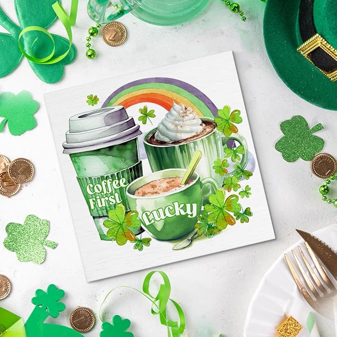 St. Patrick's Day Kitchen Decor Sign - Shamrock Coffee First Wooden Sign - Irish St Patricks Day Decorations for Home Cafe Coffee Bar Table Desk Shelf 5x5 Inches