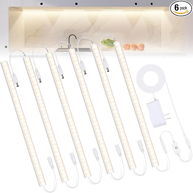 6PCS x 12 inch Under Cabinet LED Lights 4500K, Dimmable Under Counter Lights for Kitchen, Led Under Cabinet Lighting, Plug-in Under Cabinet Lights with Memory Function, Daylight White