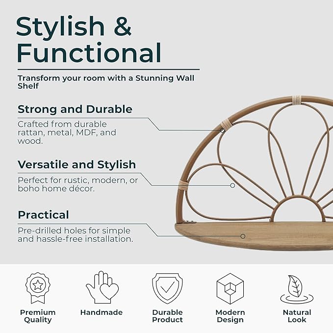 Set of 2 Arched Flower Decorative Wall Shelves – Boho Home Decor Floating Display Shelf – Metal & Wood Modern Wall Shelves for Office, Bedroom & Living Room – 11" & 13", Brown