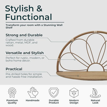 Set of 2 Arched Flower Decorative Wall Shelves – Boho Home Decor Floating Display Shelf – Metal & Wood Modern Wall Shelves for Office, Bedroom & Living Room – 11" & 13", Brown