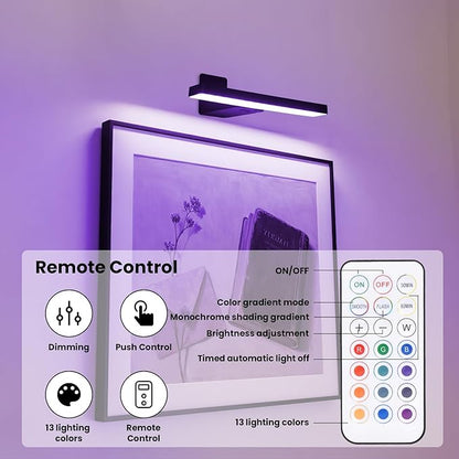Picture Lights for Wall Battery Operated Black Wireless Art Light for Paintings, Rechargeable Display Lighting for Picture with Remote Control, RGB Poster Lights for Frame, Gallery, Portraits, 2 Pack