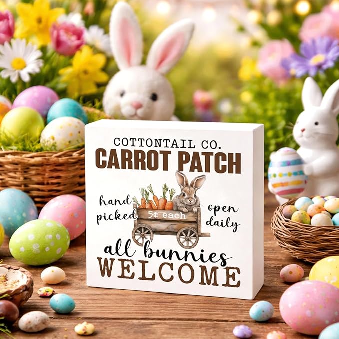 Easter Decorations for Home Carrot Patch All Bunnies Welcome Sign, Rustic Farmhouse Rabbit Spring Wall Decor, Vintage Carrot Tin Plaque for Porch Kitchen Garden Easter Decor