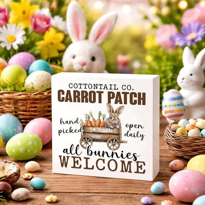 Easter Decorations for Home Carrot Patch All Bunnies Welcome Sign, Rustic Farmhouse Rabbit Spring Wall Decor, Vintage Carrot Tin Plaque for Porch Kitchen Garden Easter Decor