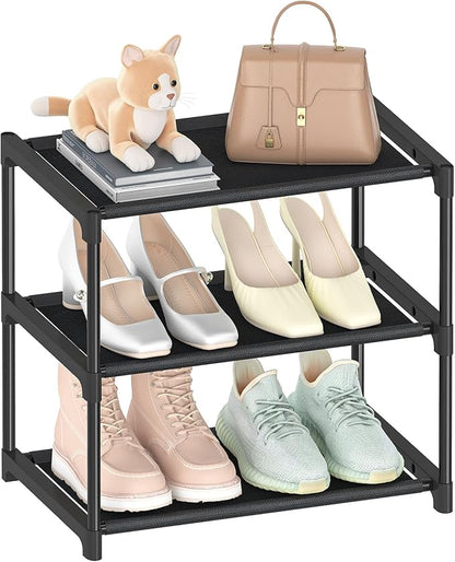 3 Tiers Small Shoe Rack,Narrow Stackable Shoe Shelf Organizer,Sturdy Shoe Stand, Non-Woven Fabric Metal Shoe Racks for Entryway, Doorway and Bedroom Closet