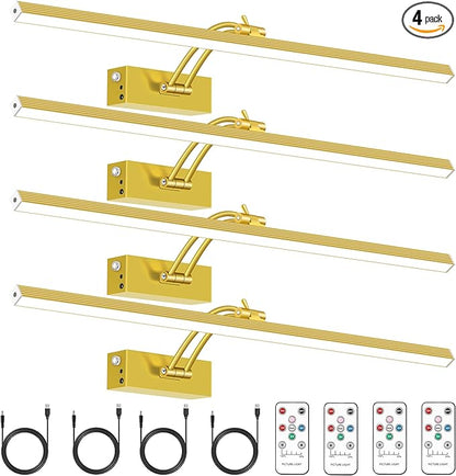 4 Pack Picture Lights for Wall, 23in Art Lighting for Paintings Cordless, 6400mAh Rechargeable Battery Operated Picture Light with Remote Dimmable and Timer for Artwork, Gallery, Display, Gold