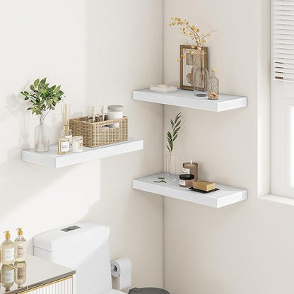 Vivelove 24/36/48/16 Inch Floating Shelves for Wall, 12 Deep Shelves for Room Wall Mounted, 2" Thick Floating Shelf for Living Room Bedroom Bathroom Kitchen Laundry Room, Set of 2 White