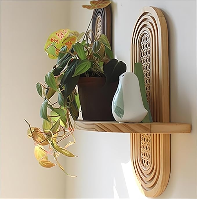 4-Shelf Bohemian Rattan Wall Shelf, Vintage Arched Design, Easy to Install Wood & Rattan, Suitable for Bedroom, Living Room, Office & Balcony
