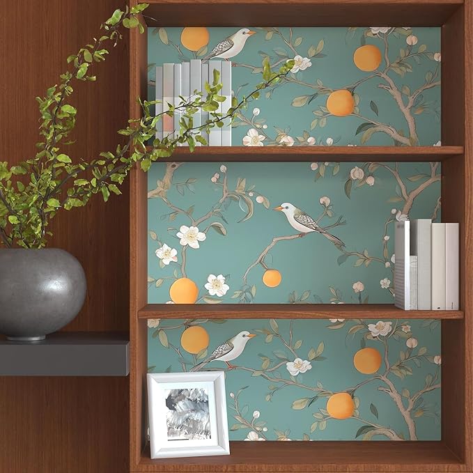 Green Floral Wallpaper Peel and Stick, Birds & Orange Fruits Contact Paper 17.5
