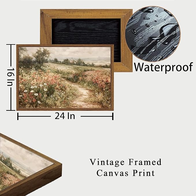 OIQArtOIQ Framed Canvas Wall Art,Vintage Decor,Landscape Nature Country Wildflower Paintings Farmhouse Pictures Modern Artwork Rustic Fall Flower Prints Cottagecore Office Living Room Bedroom Bathroom