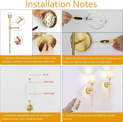 TISLYCO Battery Operated Wall Sconces Set of 2, Gold Rechargeable Wall Lamps with 2500mAh Magnet Detachable Dimmable Remote Bulbs,12 RGB Colors & 3 Color Temperatures Wireless Wall Lights for Bedroom