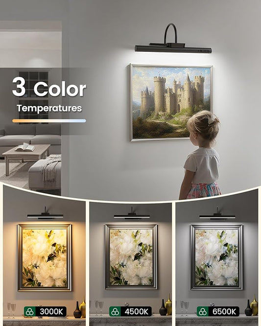 Bridika Picture Light Battery Operated, 19.7in Picture Lights for Wall, 3 Colors & Brightness Dimmable, Rechargeable Art Light for Paintings Photo Dartboard Gallery Bedroom Bathroom Black
