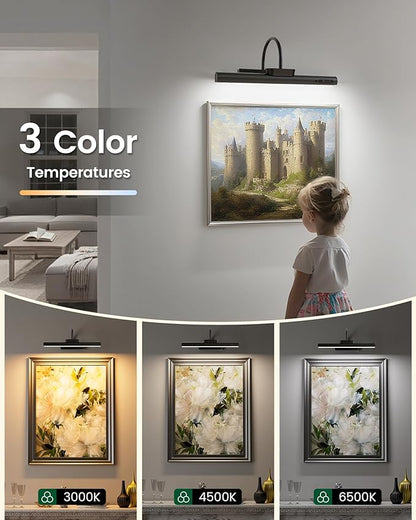 Bridika Picture Light Battery Operated, 13.8in Picture Lights for Wall, 3 Colors & Brightness Dimmable, Rechargeable Art Light for Paintings Photo Dartboard Gallery Bedroom Bathroom Black