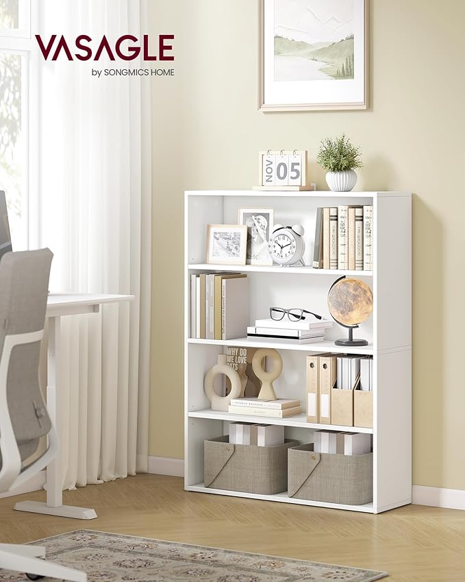 VASAGLE Custos Collection - Bookshelf, 4-Tier Bookcase, Book Shelf, Open Storage Shelf, 9.4 x 31.5 x 42.5 Inches, for Living Room, Home Office, Dining Room, Cloud White ULBC174W01