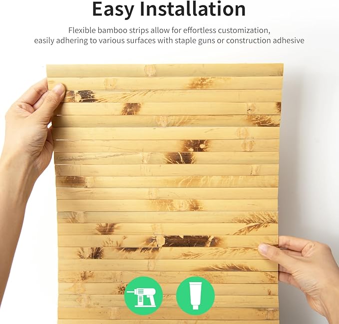 Natural Bamboo Wall Panel for Interior Wall Decor, Renewable Pole Wrap Wainscoting Paneling for Wall Ceiling Furniture Cabinet Office, 12 x 96 Inch, Light Burned
