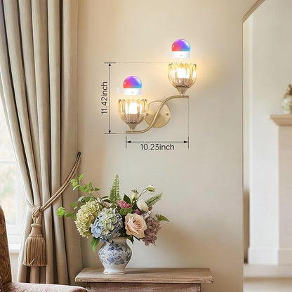 Battery Operated Wall Sconce, 2-Lights Vinatge Brass Wall Lighting with Amber Tluip Shade Rechargeable Bulb with Remote for Living Room, Bedroom，Symmetrical 2 Pack