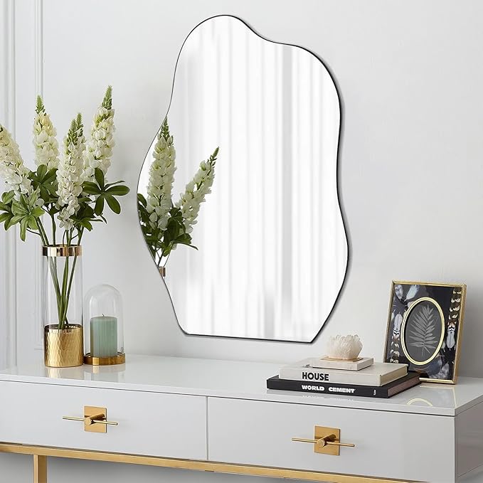 POZINO Irregular Mirror, 28"x20" Asymmetrical Wall Mirror, Modern Odd Shaped Mirrors, Abstract Frameless Mirrors for Wall Decor Living Room Bathroom Bedroom Entryway, Hangs Vertically or Horizontally