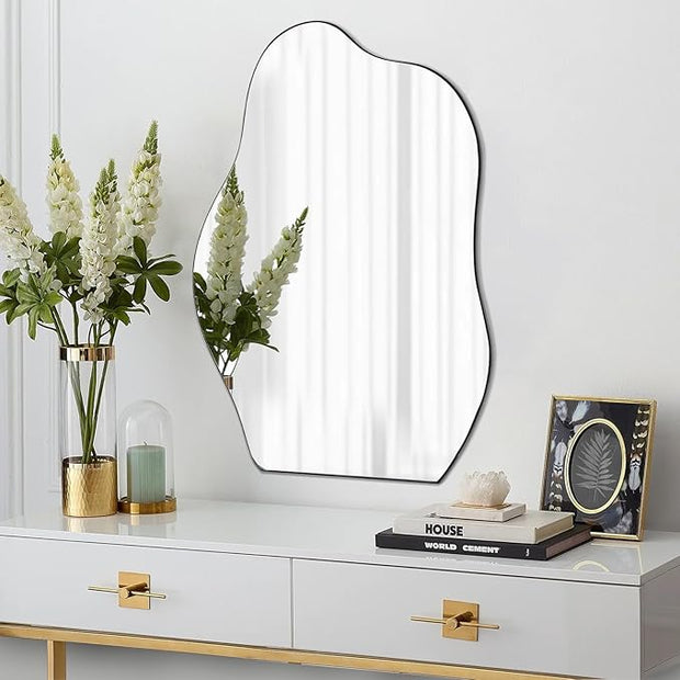 POZINO Irregular Mirror, 28"x20" Asymmetrical Wall Mirror, Modern Odd Shaped Mirrors, Abstract Frameless Mirrors for Wall Decor Living Room Bathroom Bedroom Entryway, Hangs Vertically or Horizontally