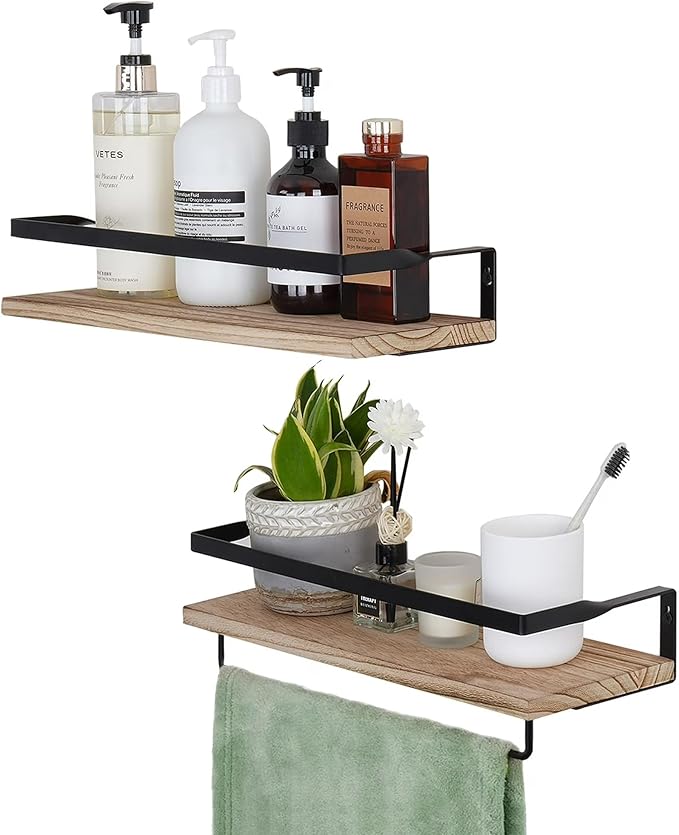 Elevon Floating Shelves for Bathroom Organizer Over Toilet, Bathroom Shelves Wall Mounted with Towel Rack, Corner Wall Shelf for Bedroom Decor Kitchen Storage (Brown, Set of 2)