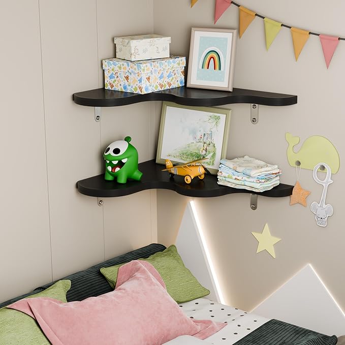 Cute Cloud Shelves, Wavy Floating Corner Shelf, Cute Wall Shelves for Nursery Decor, Corner Shelves for Bedroom, Living Room, Bathroom & Home Decor, Black