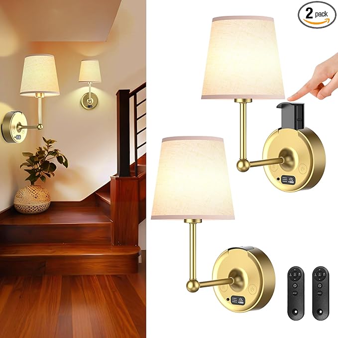Battery Operated Wall Sconces Set of Two [8000mAh Detachable & Rechargeable Battery] 3 Color Temperature & Dimmable Lamp with LED Display & Remote, Wireless Wall Light for Bedroom & Living Room