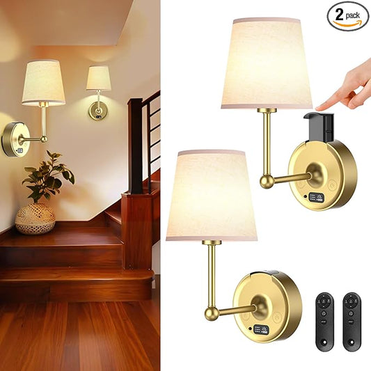 Battery Operated Wall Sconces Set of Two [8000mAh Detachable & Rechargeable Battery] 3 Color Temperature & Dimmable Lamp with LED Display & Remote, Wireless Wall Light for Bedroom & Living Room
