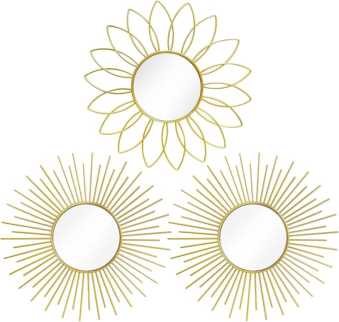 3 Pack Metal Mirrors for Wall Sunburst Wall Mirrors Home Décor Decorative Hanging Wall Art for Living Room Bedroom Entryway (Gold2, Flower+Sunburst)