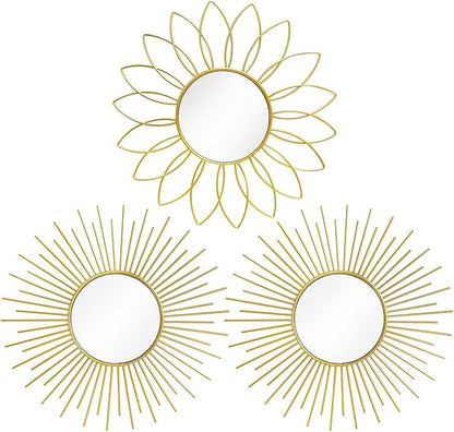 3 Pack Metal Mirrors for Wall Sunburst Wall Mirrors Home Décor Decorative Hanging Wall Art for Living Room Bedroom Entryway (Gold2, Flower+Sunburst)