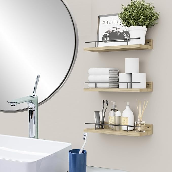 Floating Shelves with Metal Guardrail, Wall Decor Shelves for Bathroom, Living Room and Bedroom, (Black-Natural) Shelves for Home Decor