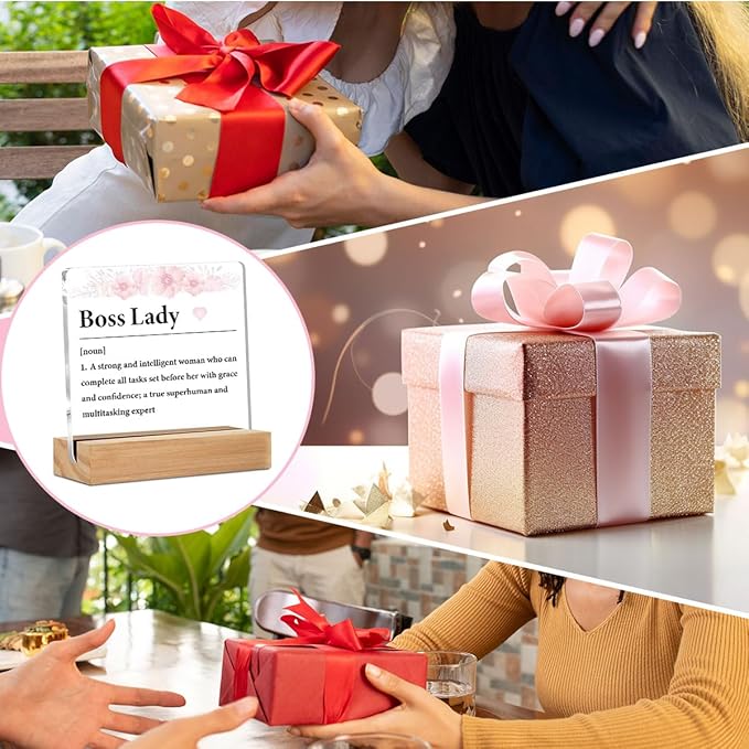 Best Boss Lady Gifts For Women Clear Desk Decorative Sign Appreciation Gift for Going Away Boss Day Acrylic Sign with Wooden Stand Table Plaque Keepsake Home Office Desk Shelf Cubicle Decor