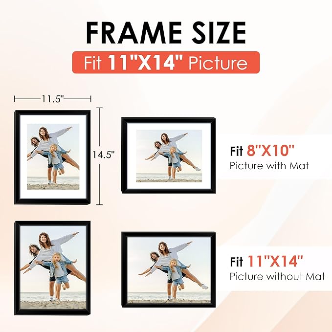 FIXSMITH 11x14 Picture Frame, Black Photo Frame with HD Plexiglass, Display Pictures 8x10 with Mat or 11x14 Without Mat, Picture Frames Collage for Wall Display, 2 Pack